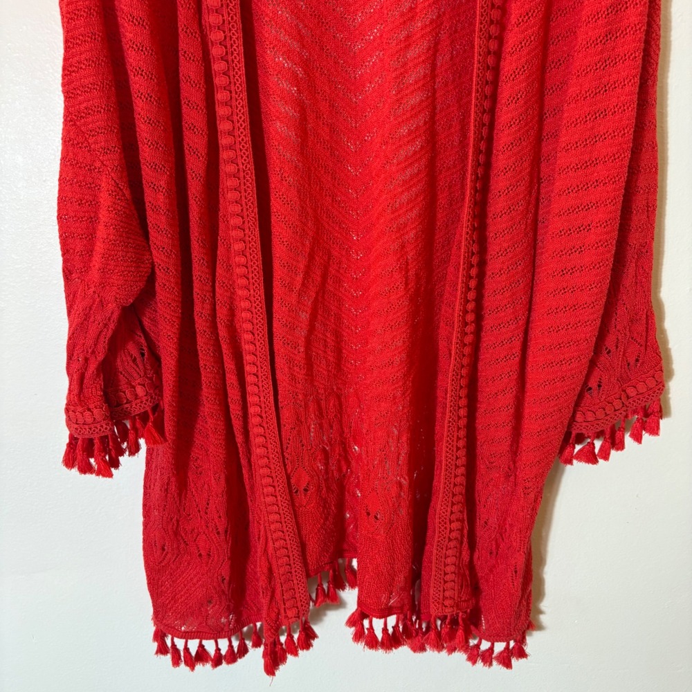 Chicos Red Chevron Pointelle Open Front Tassel Cardigan Sweater Size XXL - Picture 3 of 7